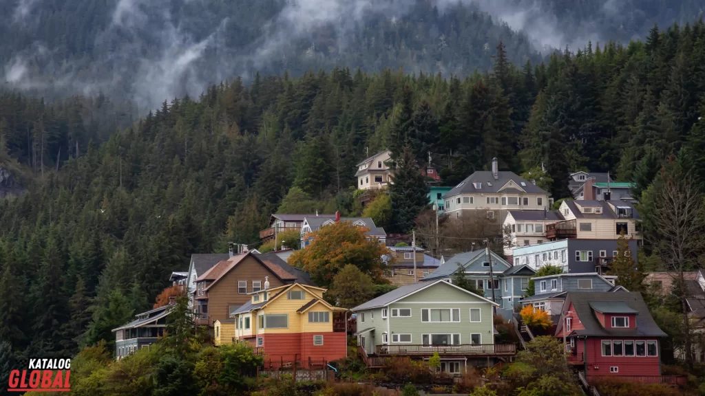 A picturesque town nestled on a forested hillside in Alaska, showcasing colorful houses surrounded by nature. This image complements the journey for those wondering, "Can you drive to Alaska?" by depicting the beauty of the state's small towns and landscapes.