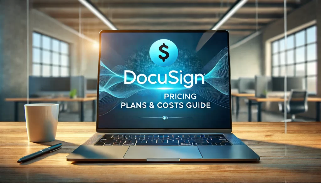 Laptop screen showing the DocuSign logo with bold text below: "DocuSign Pricing Plans & Costs Guide," set in a modern office background.