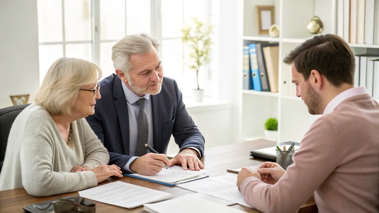 Elderly couple reviewing estate plans with an attorney about who gets what.