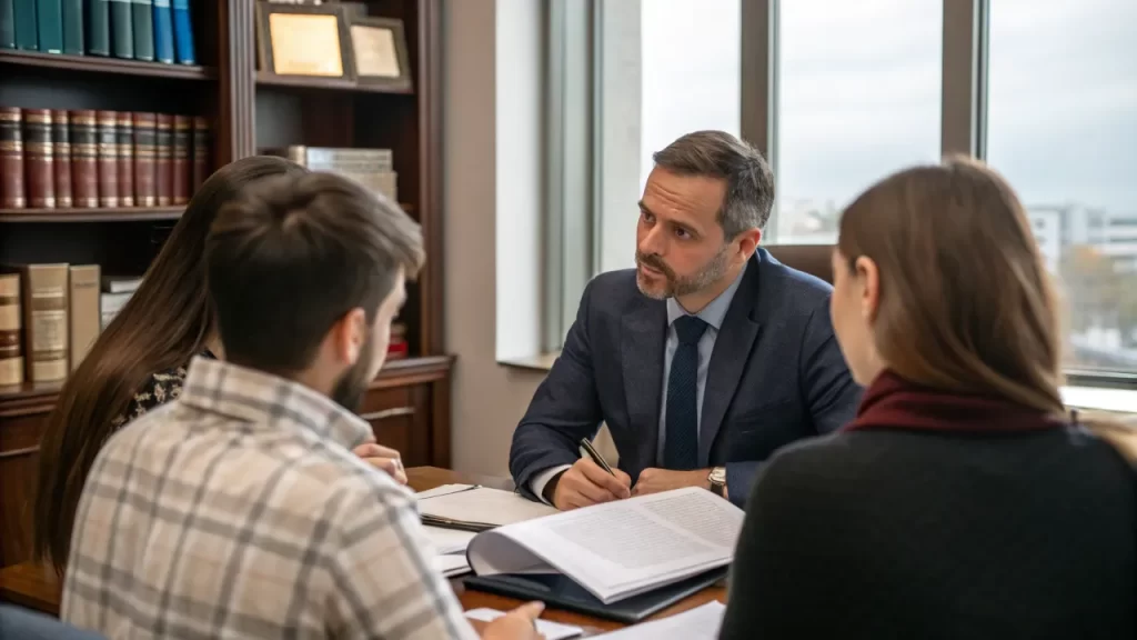 Executor explaining inheritance details to beneficiaries during a legal consultation.