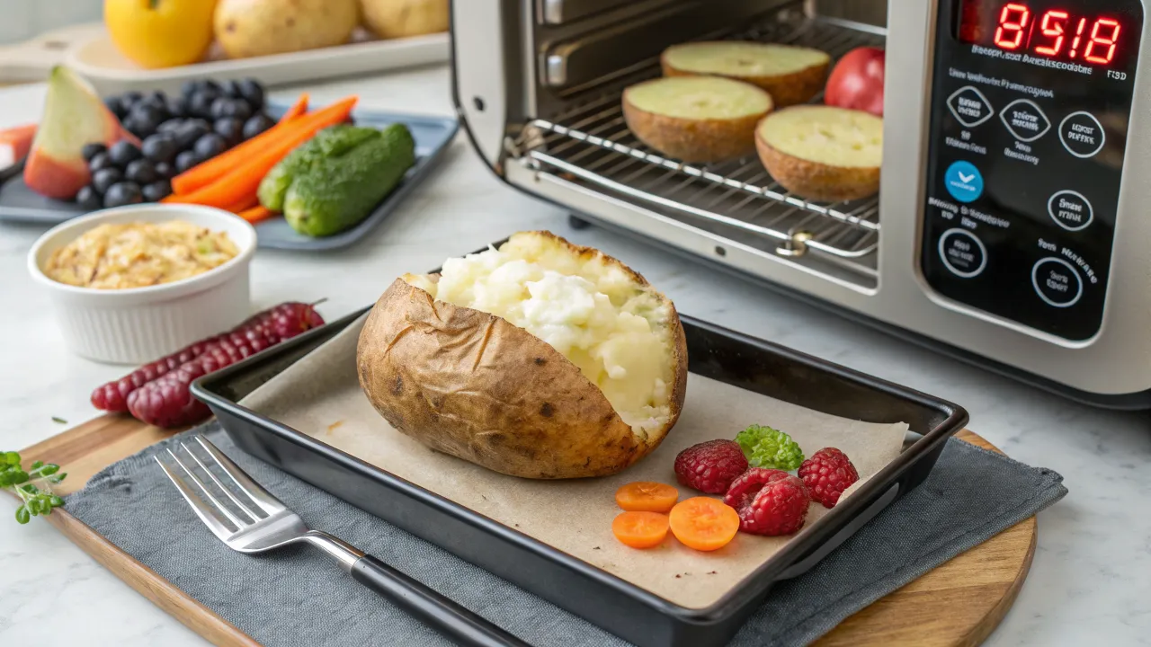 Baked potato in toaster oven served with fresh fruits and veggies for a healthy meal.