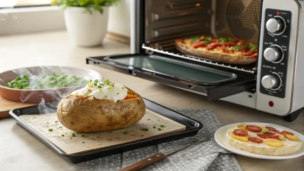 Baked potato in toaster oven topped with sour cream and chives, with pizza baking in the background.