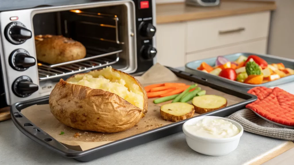 Toaster oven baking a potato with veggies and sour cream ready for topping.