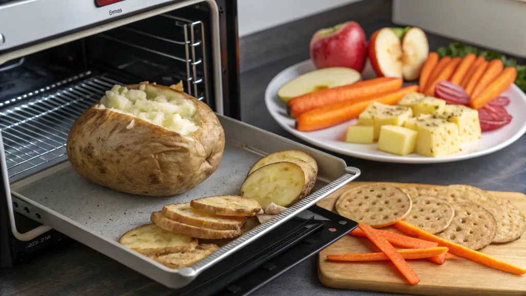 Baked potato in toaster oven with sliced potatoes, crackers, and fresh veggies on the side.