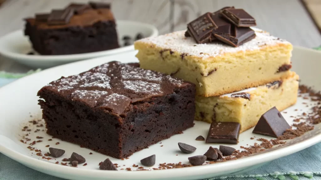 Sliced double decker chocolate fudge brownies on a plate with chocolate pieces