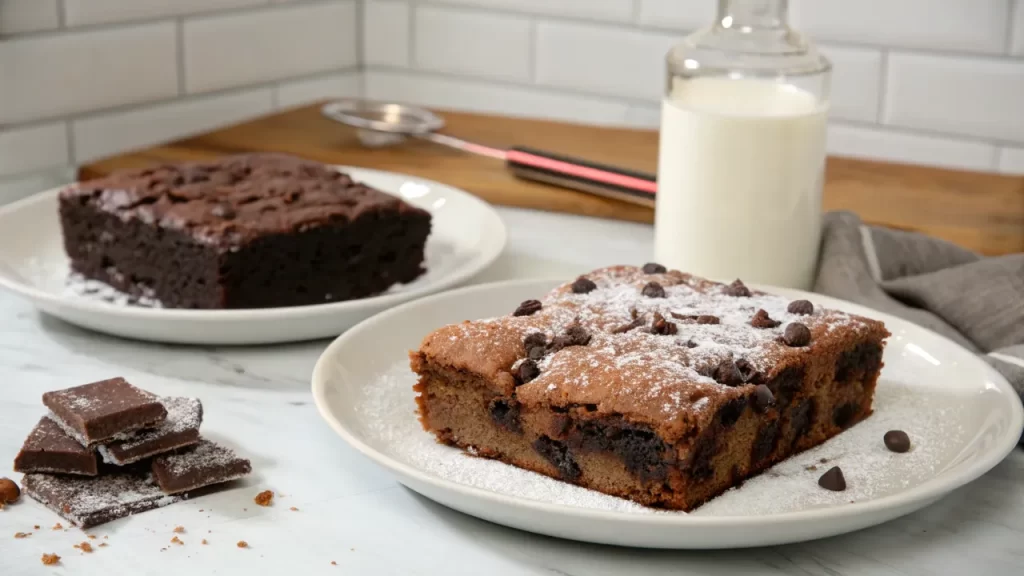 A stack of rich double decker chocolate fudge brownies, topped with cocoa powder.