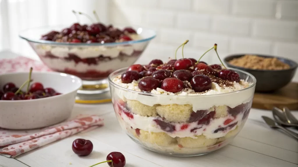 Cherries in the snow recipe displayed in a glass bowl with creamy layers, cherries, and a dusting of cocoa.