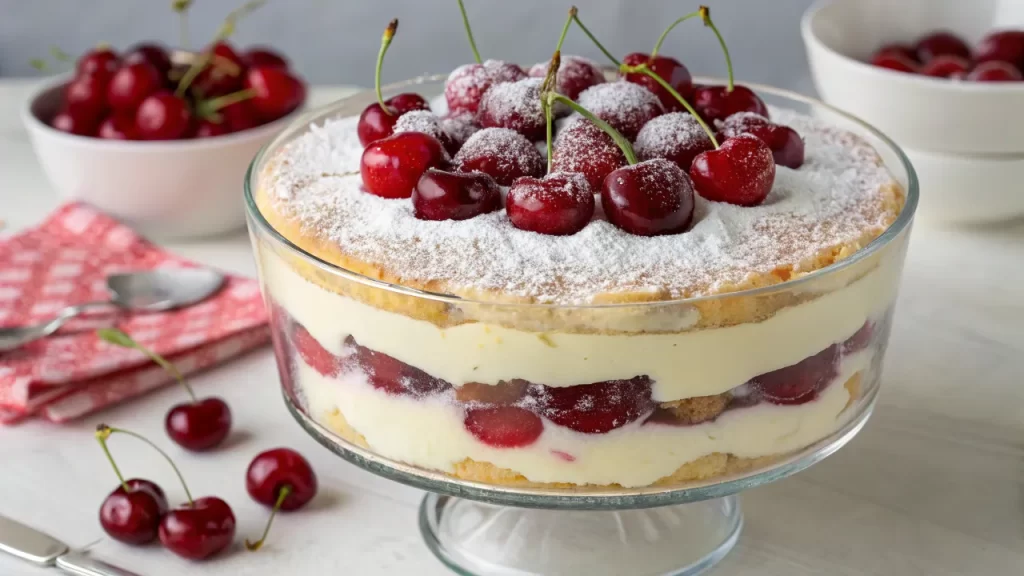 Elegant cherries in the snow recipe topped with fresh cherries and powdered sugar in a trifle dish.