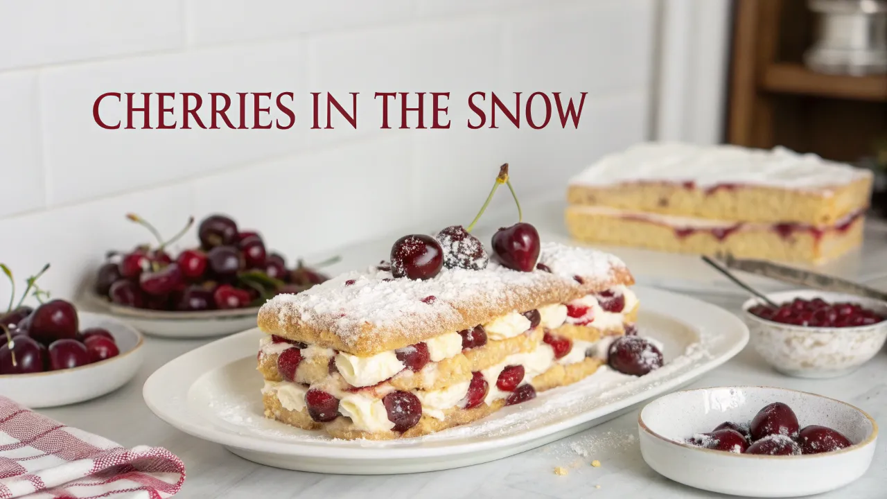 Cherries in the snow recipe featuring layered cake, cherries, and whipped cream dusted with powdered sugar.