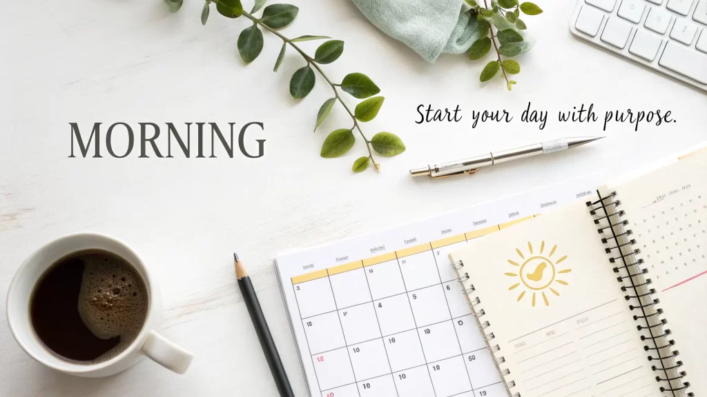 A cozy workspace with a coffee cup, planner, and a note that says, "Start your day with purpose" – perfect for morning routines.