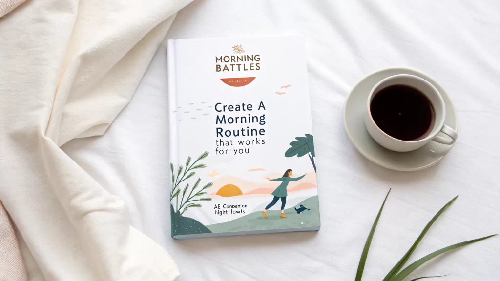 A calming book titled "Create A Morning Routine that Works for You," designed for those who struggle with mornings.