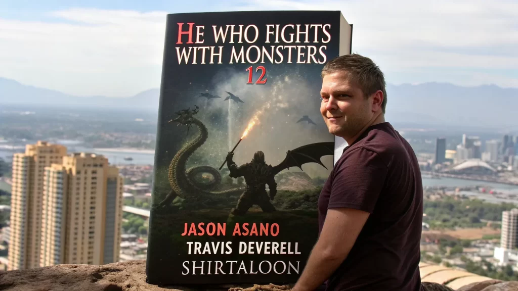 A large-scale version of the book He Who Fights With Monsters 12 on display in a scenic location.