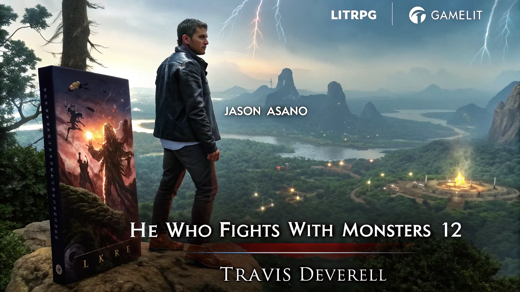 The book He Who Fights With Monsters 12 showcased outdoors with intense artwork and a dynamic view.