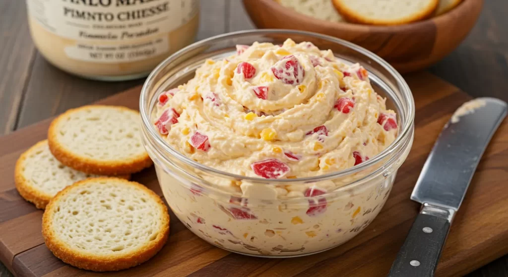 Old-fashioned pimento cheese dip with peppers served with crackers.