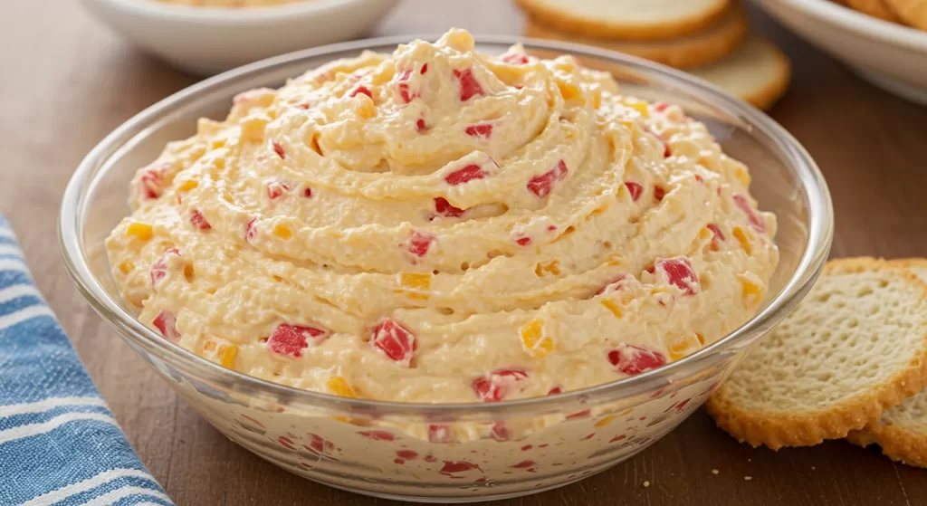 Classic pimento cheese dip with colorful peppers, perfect for crackers.