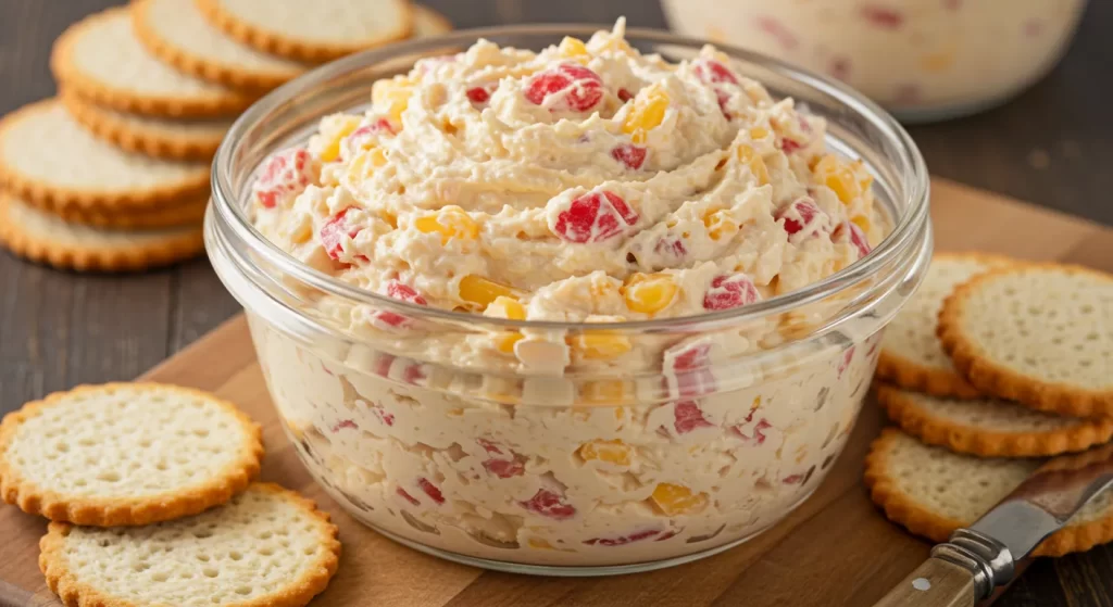 Rich and creamy pimento cheese with red and yellow peppers.