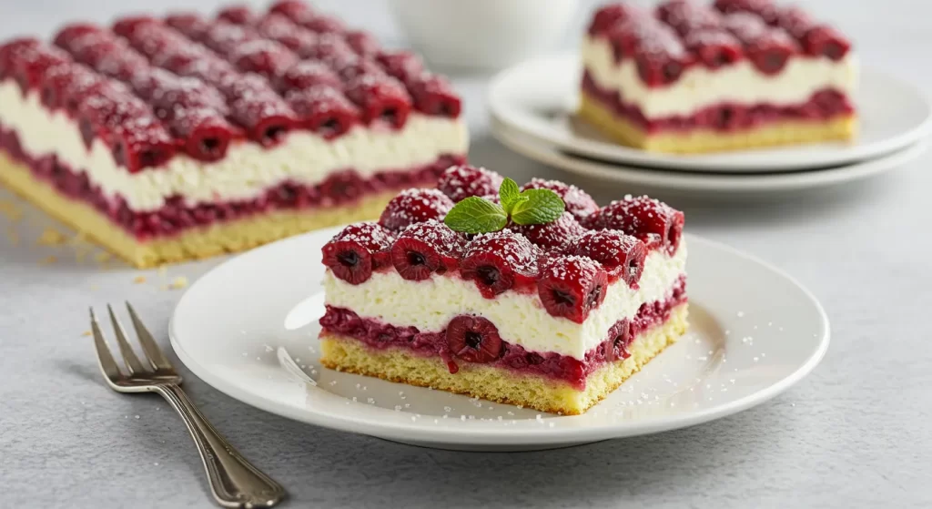 A slice of cherries in the snow recipe showcasing vibrant cherry and cream layers on a soft cake base.