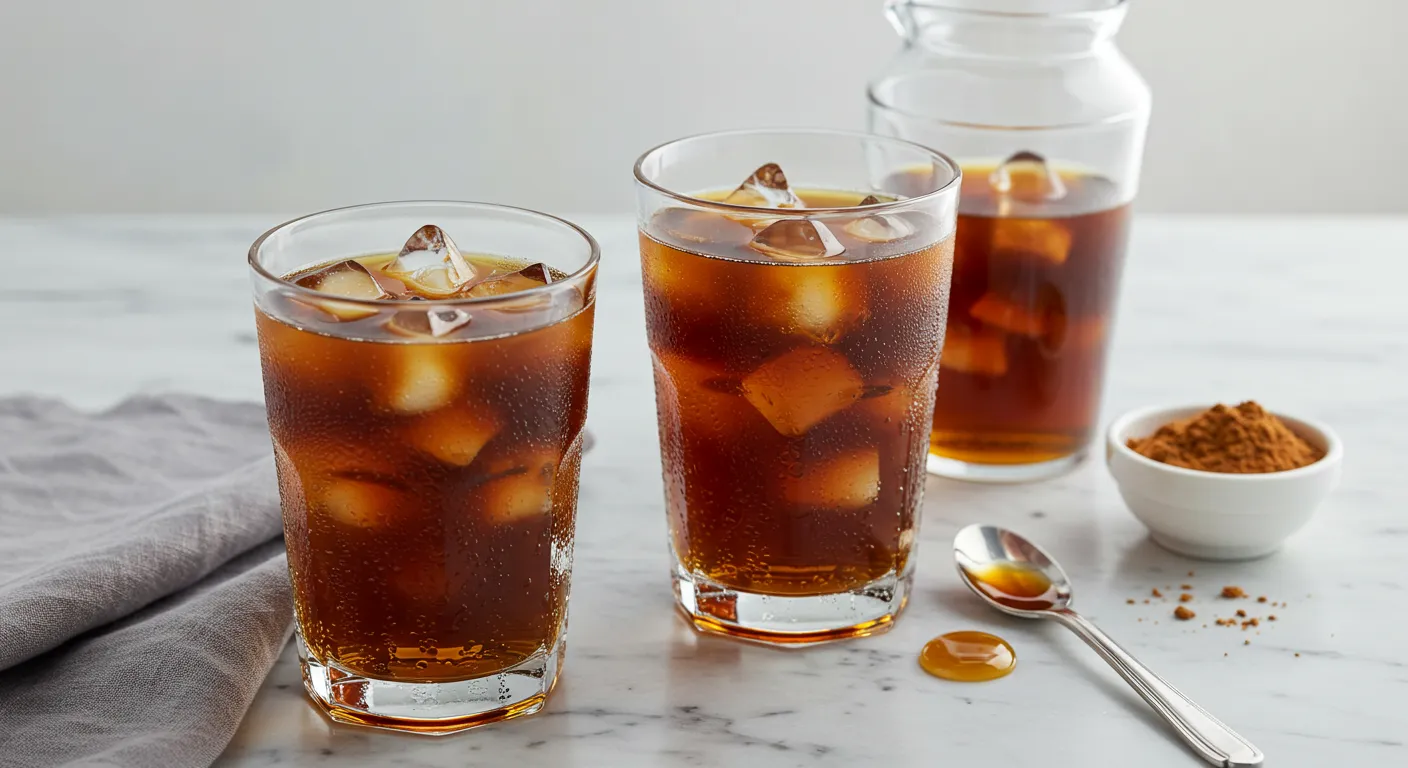 Whipped maple iced coffee served with ice cubes and topped with a drizzle of maple syrup