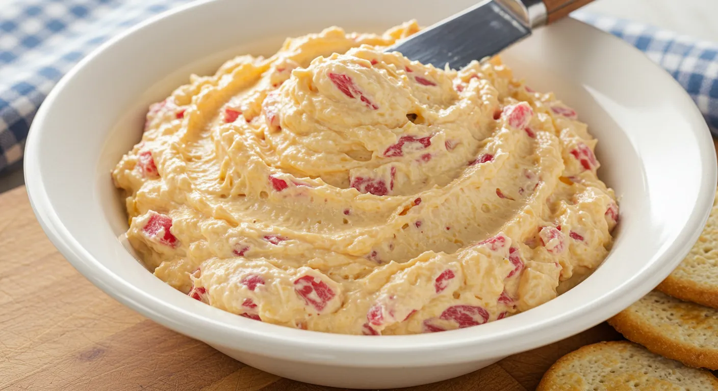 Creamy old-fashioned pimento cheese spread with red peppers.