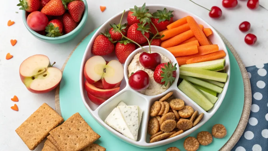 Colorful preschool snack platter with fruits, veggies, cheese, and crackers.