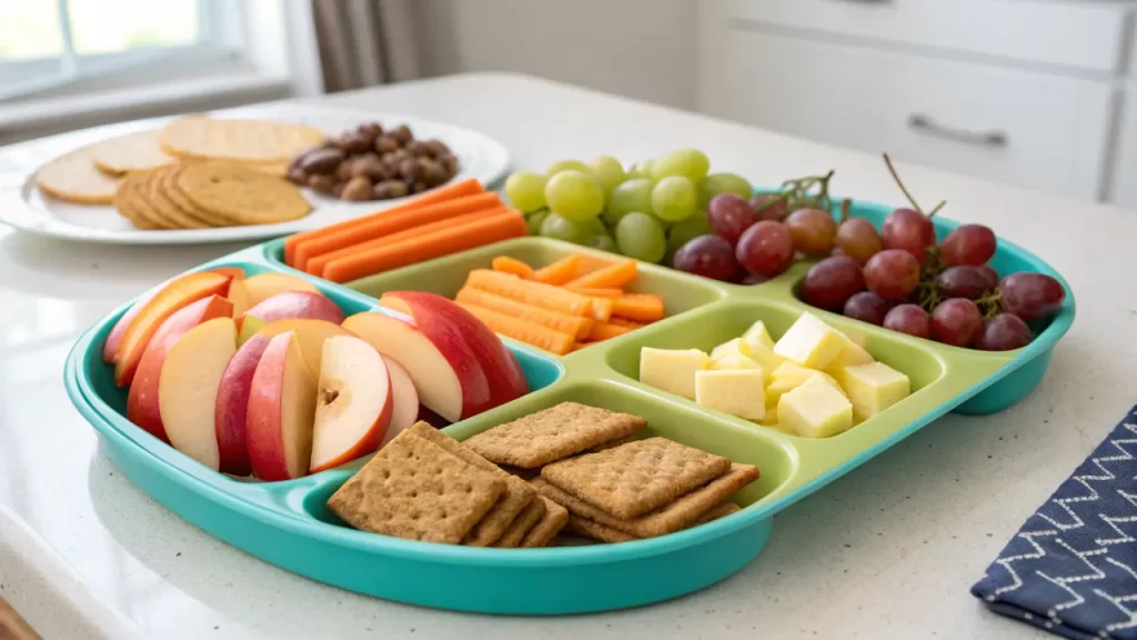 Healthy preschool snack ideas with apples, grapes, carrots, and crackers.