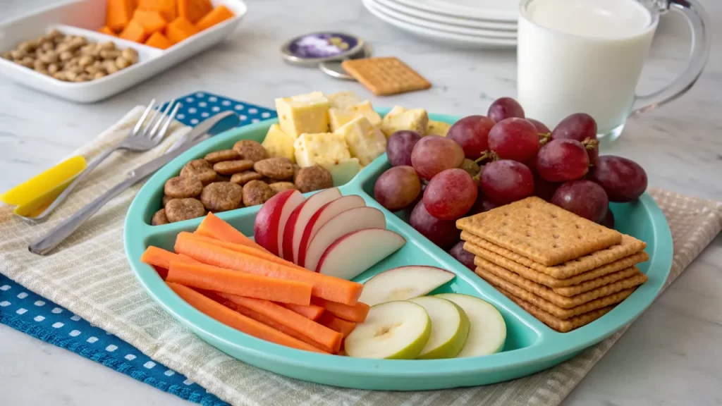 Balanced preschool snack plate featuring fruits, veggies, and crackers.