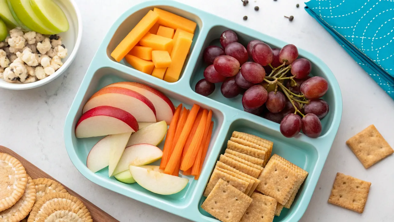 Preschool snack tray with apples, carrots, cheese, grapes, and crackers.