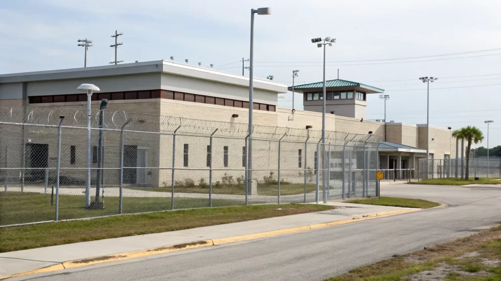 A view of the Pinellas County jail with its tall watch towers and surrounding fence.